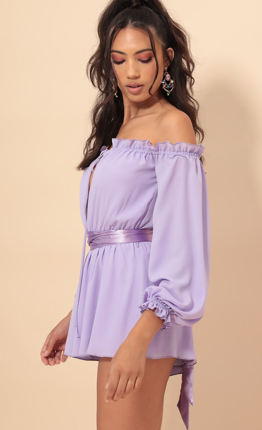 Picture Vallarta Off The Shoulder Romper in Lavender. Source: https://media-img.lucyinthesky.com/data/Sep19_1/850xAUTO/781A8761.JPG