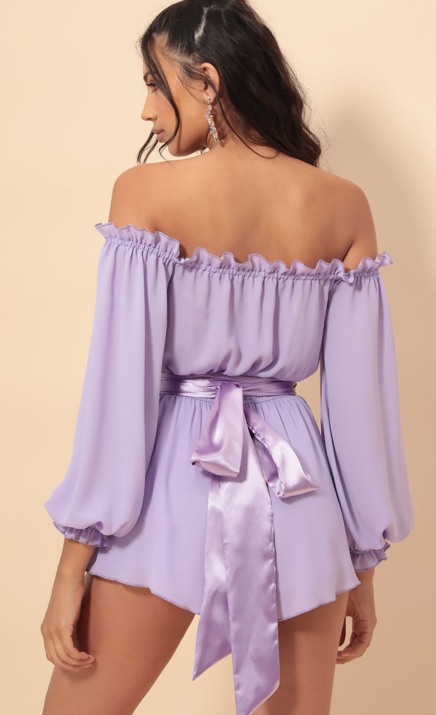 Picture Vallarta Off The Shoulder Romper in Lavender. Source: https://media-img.lucyinthesky.com/data/Sep19_1/850xAUTO/781A8773.JPG