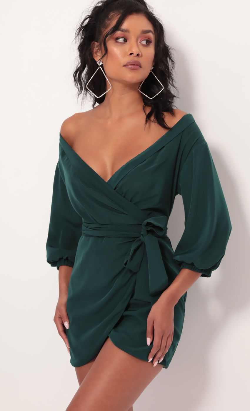 Picture Lorella Off Shoulder Wrap Dress in Hunter Green. Source: https://media-img.lucyinthesky.com/data/Sep19_2/850xAUTO/781A2992.JPG
