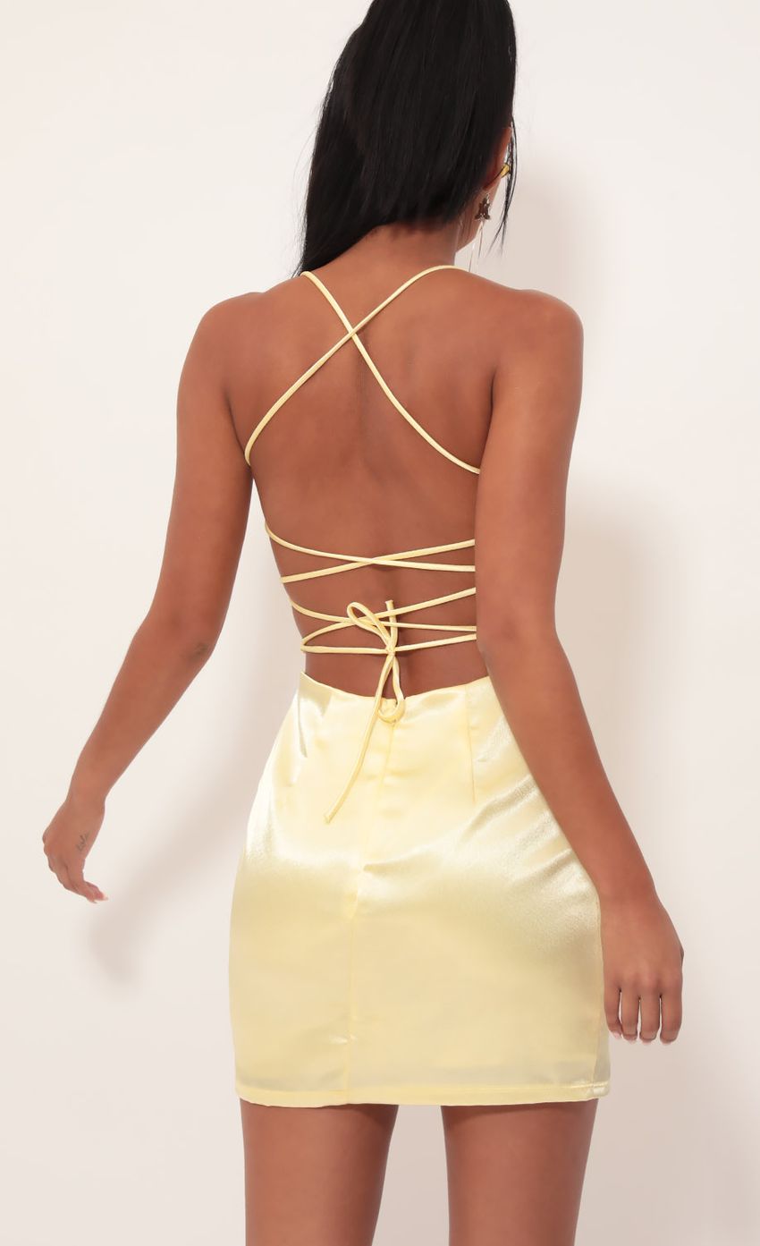 Picture Lulu Satin Lace-up Dress in Yellow. Source: https://media-img.lucyinthesky.com/data/Sep19_2/850xAUTO/781A3798.JPG