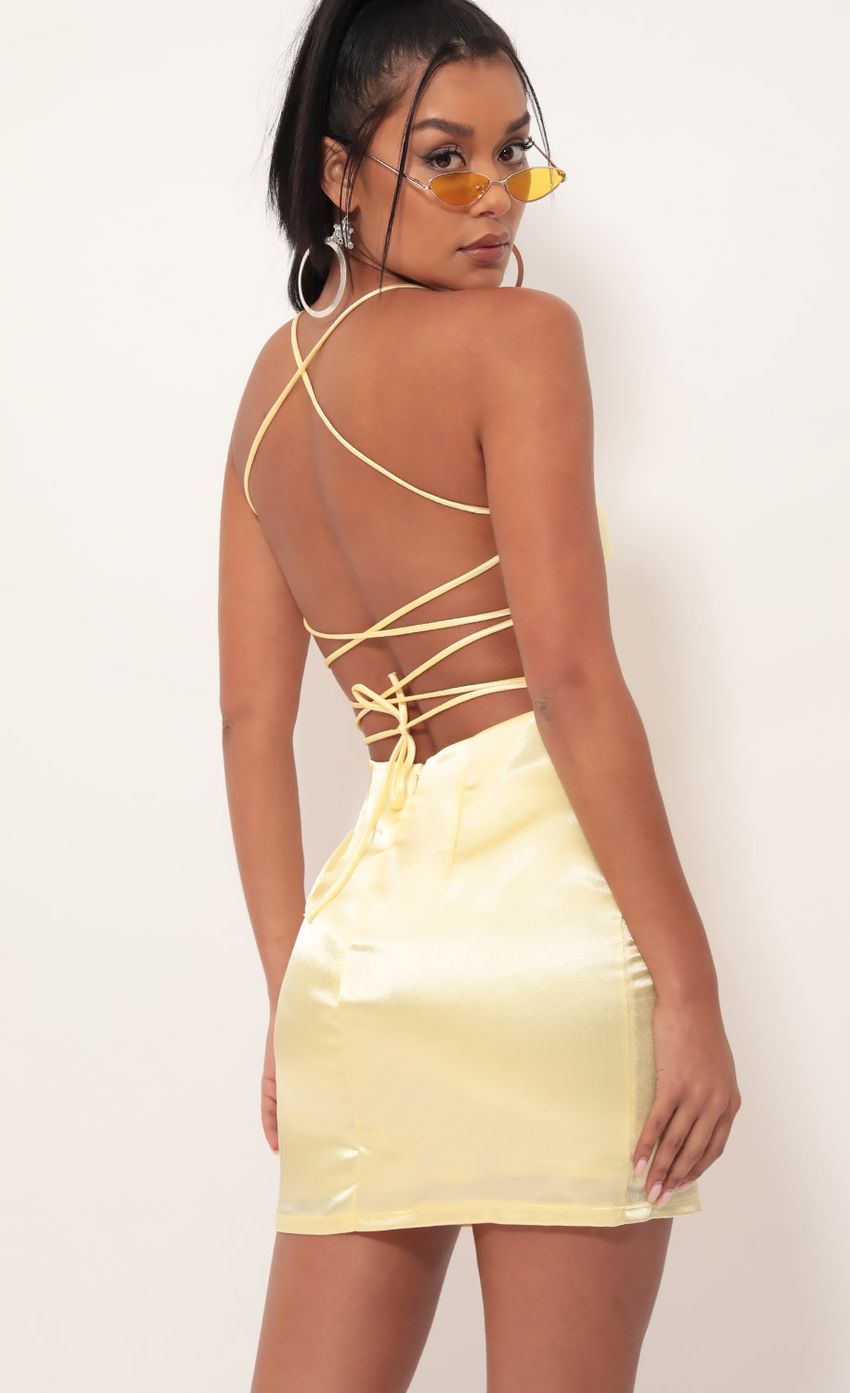 Picture Lulu Satin Lace-up Dress in Yellow. Source: https://media-img.lucyinthesky.com/data/Sep19_2/850xAUTO/781A3801.JPG