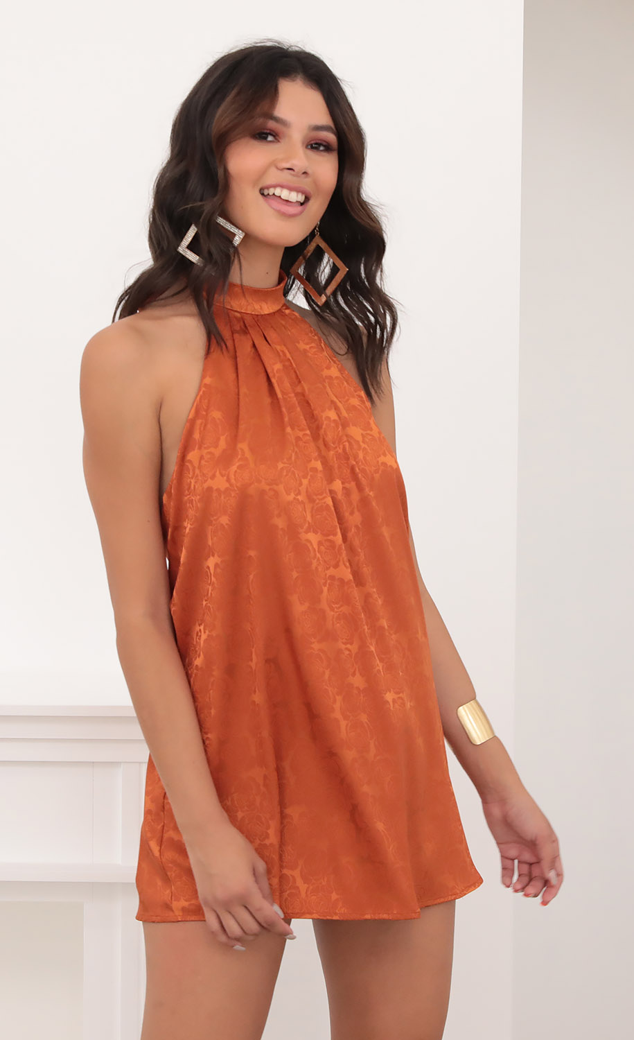 Mock Neck Jacquard Shift Dress In Rust