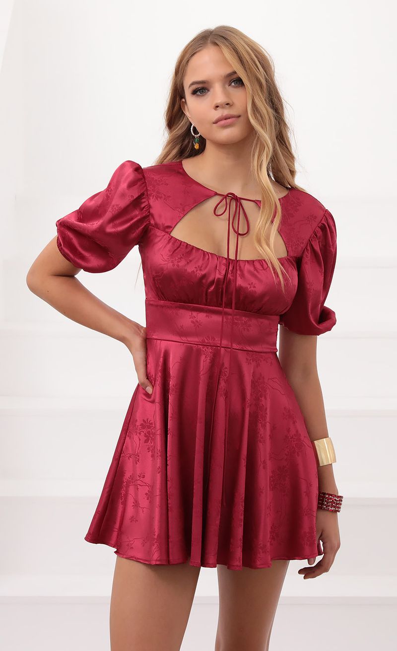 Francis Puff Sleeve Dress In Glossy Embroidered Burgundy | LUCY IN THE SKY