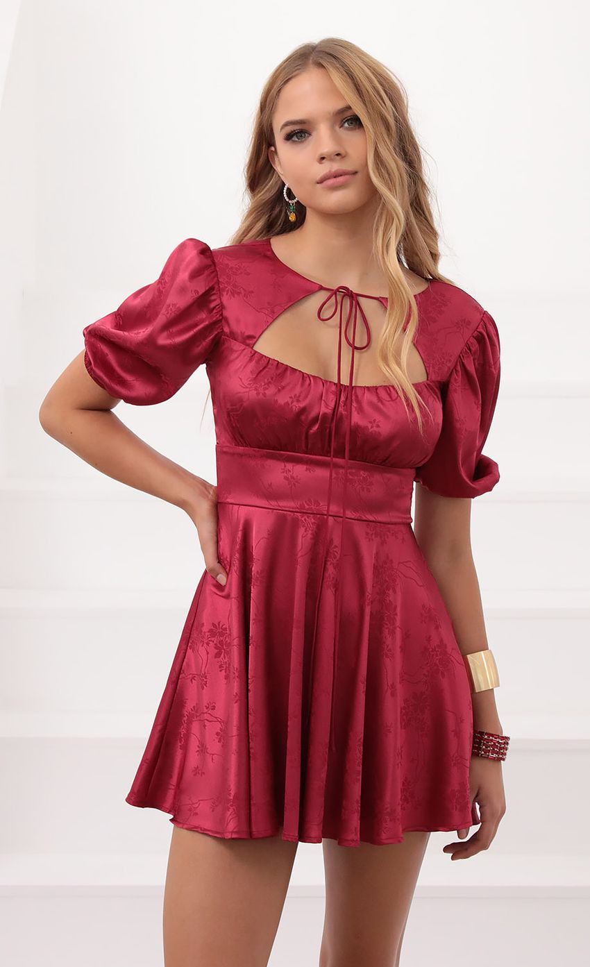Picture Francis Puff Sleeve Dress In Glossy Embroidered Burgundy. Source: https://media-img.lucyinthesky.com/data/Sep20_1/850xAUTO/781A0340.JPG