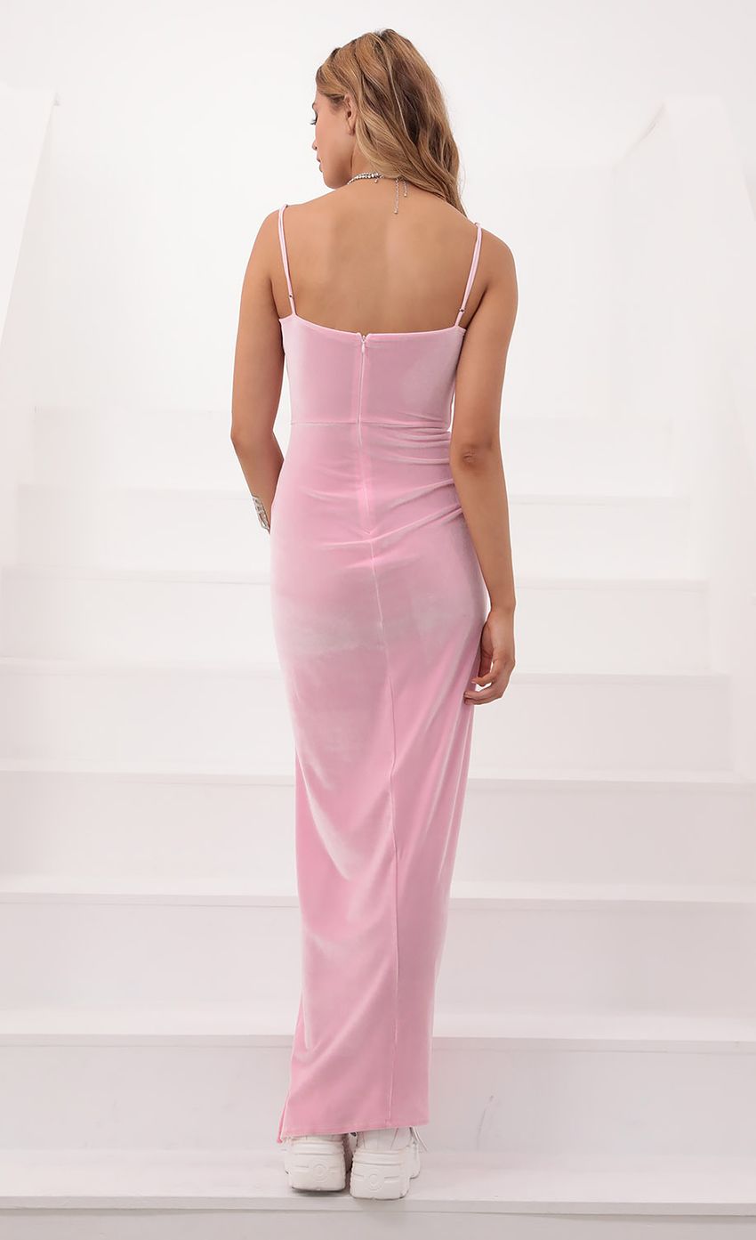 Picture Velvet V- Neck Maxi Dress In Barbie Pink. Source: https://media-img.lucyinthesky.com/data/Sep20_1/850xAUTO/781A4213.JPG