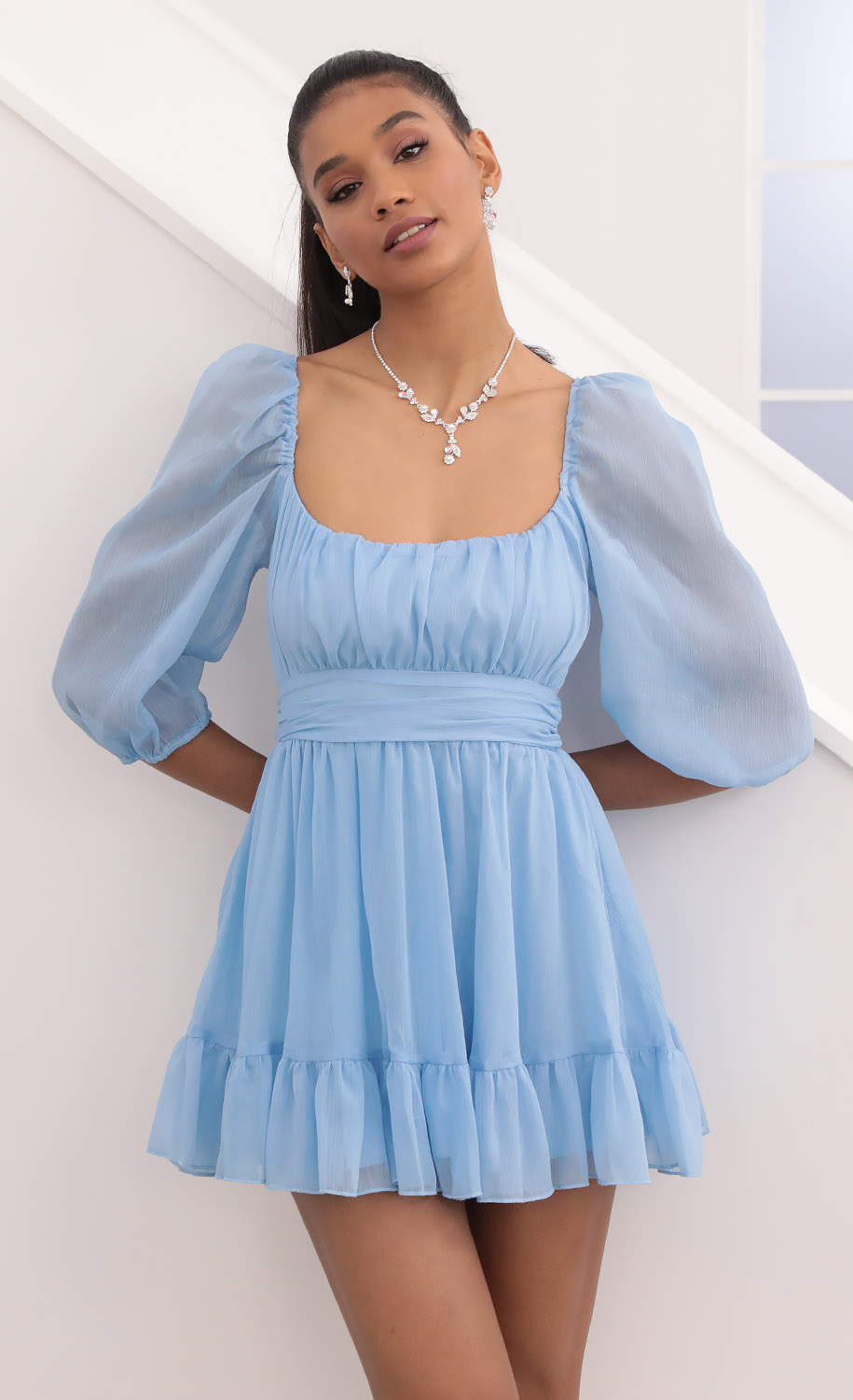 Ruffle Chiffon Dress in Blue