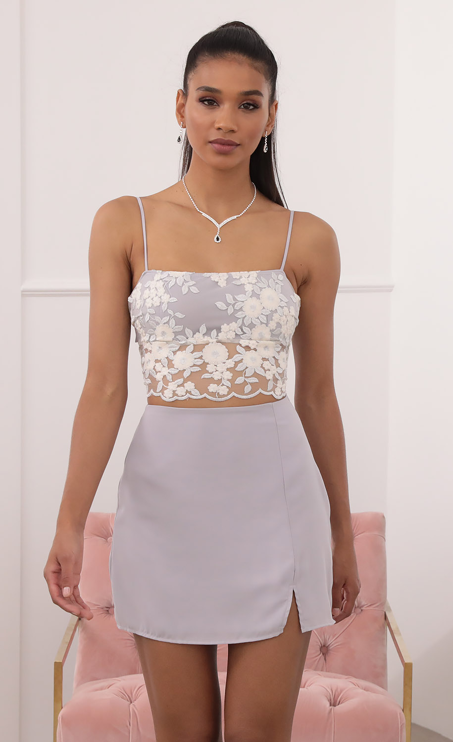 Embroidered Lace Two Piece Set in Lavender Grey