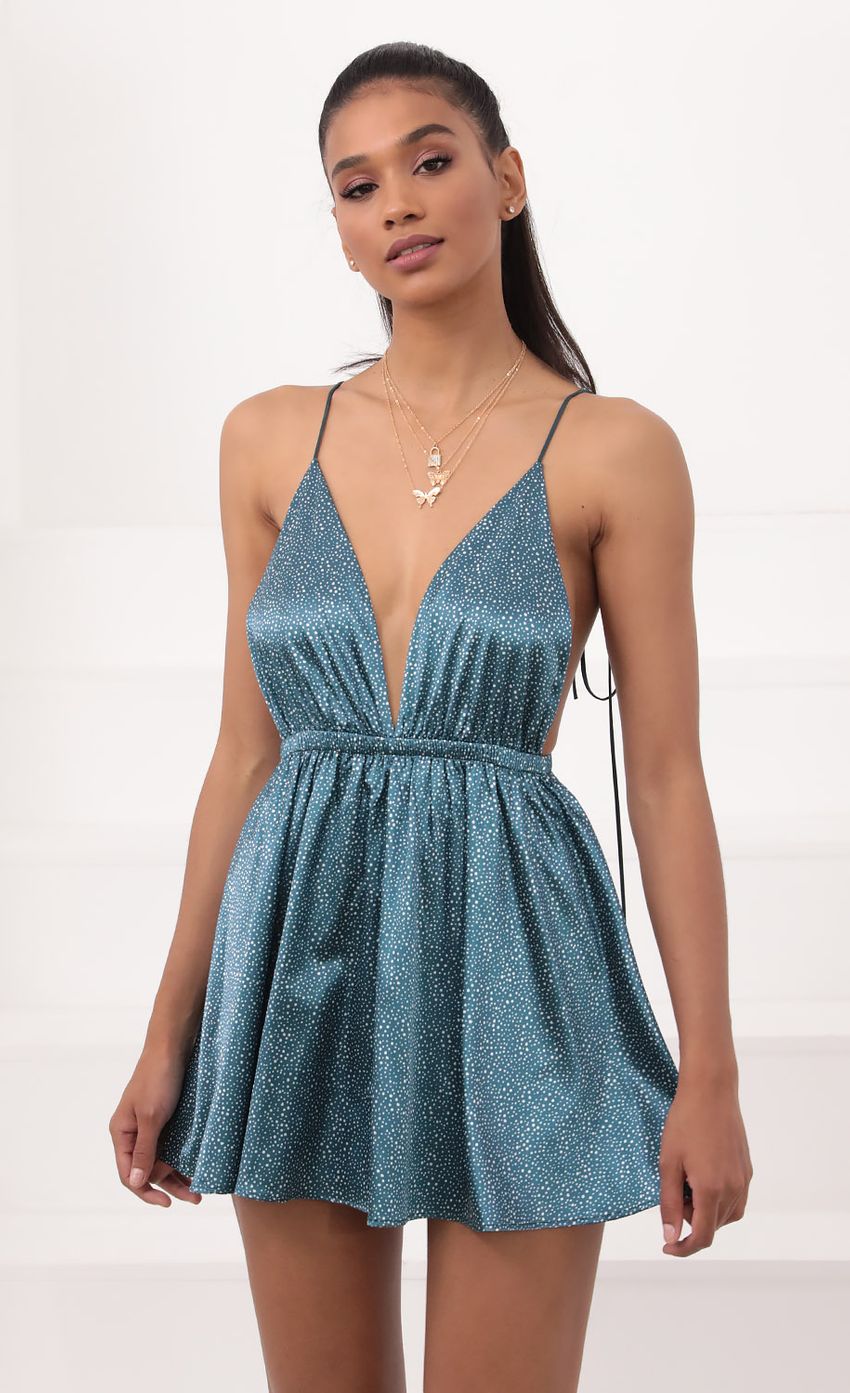 Picture Skye Shoulder Tie Dress in Green Satin. Source: https://media-img.lucyinthesky.com/data/Sep20_2/850xAUTO/781A07381.JPG