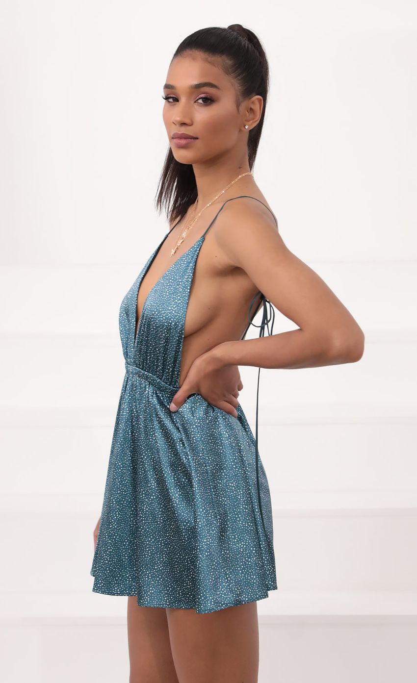 Picture Skye Shoulder Tie Dress in Green Satin. Source: https://media-img.lucyinthesky.com/data/Sep20_2/850xAUTO/781A0784.JPG