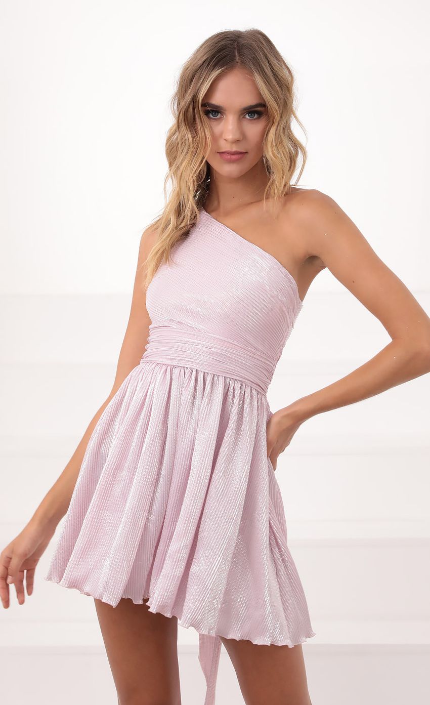 Picture One Shoulder Shimmer Dress in Pink. Source: https://media-img.lucyinthesky.com/data/Sep20_2/850xAUTO/781A4301.JPG