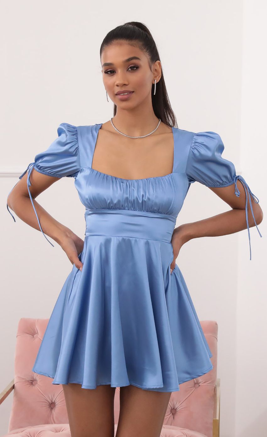 Picture Satin Puff Dress Dress in Blue. Source: https://media-img.lucyinthesky.com/data/Sep20_2/850xAUTO/781A6674.JPG