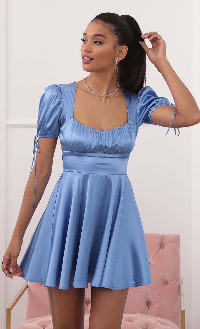 Picture Satin Puff Dress Dress in Blue. Source: https://media-img.lucyinthesky.com/data/Sep20_2/850xAUTO/781A6681.JPG