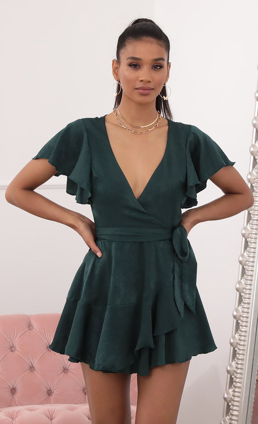 Picture Satin Wrap Dress in Forest Green. Source: https://media-img.lucyinthesky.com/data/Sep20_2/850xAUTO/781A7457.JPG