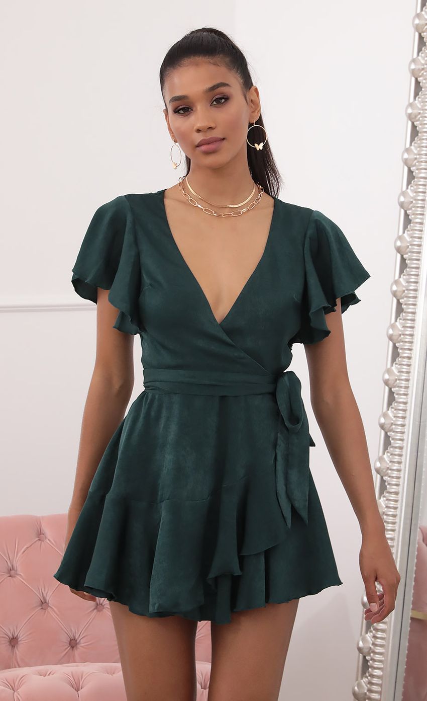Picture Satin Wrap Dress in Forest Green. Source: https://media-img.lucyinthesky.com/data/Sep20_2/850xAUTO/781A7501.JPG