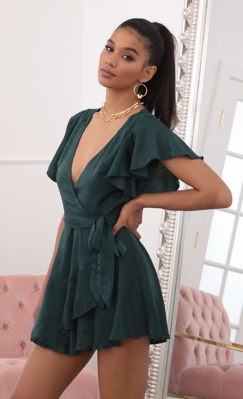 Picture Satin Wrap Dress in Forest Green. Source: https://media-img.lucyinthesky.com/data/Sep20_2/850xAUTO/781A7530.JPG