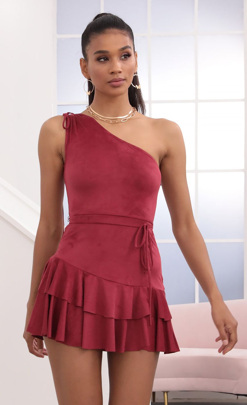 Picture One Shoulder Suede Tie Dress in Rust. Source: https://media-img.lucyinthesky.com/data/Sep20_2/850xAUTO/781A7795.JPG