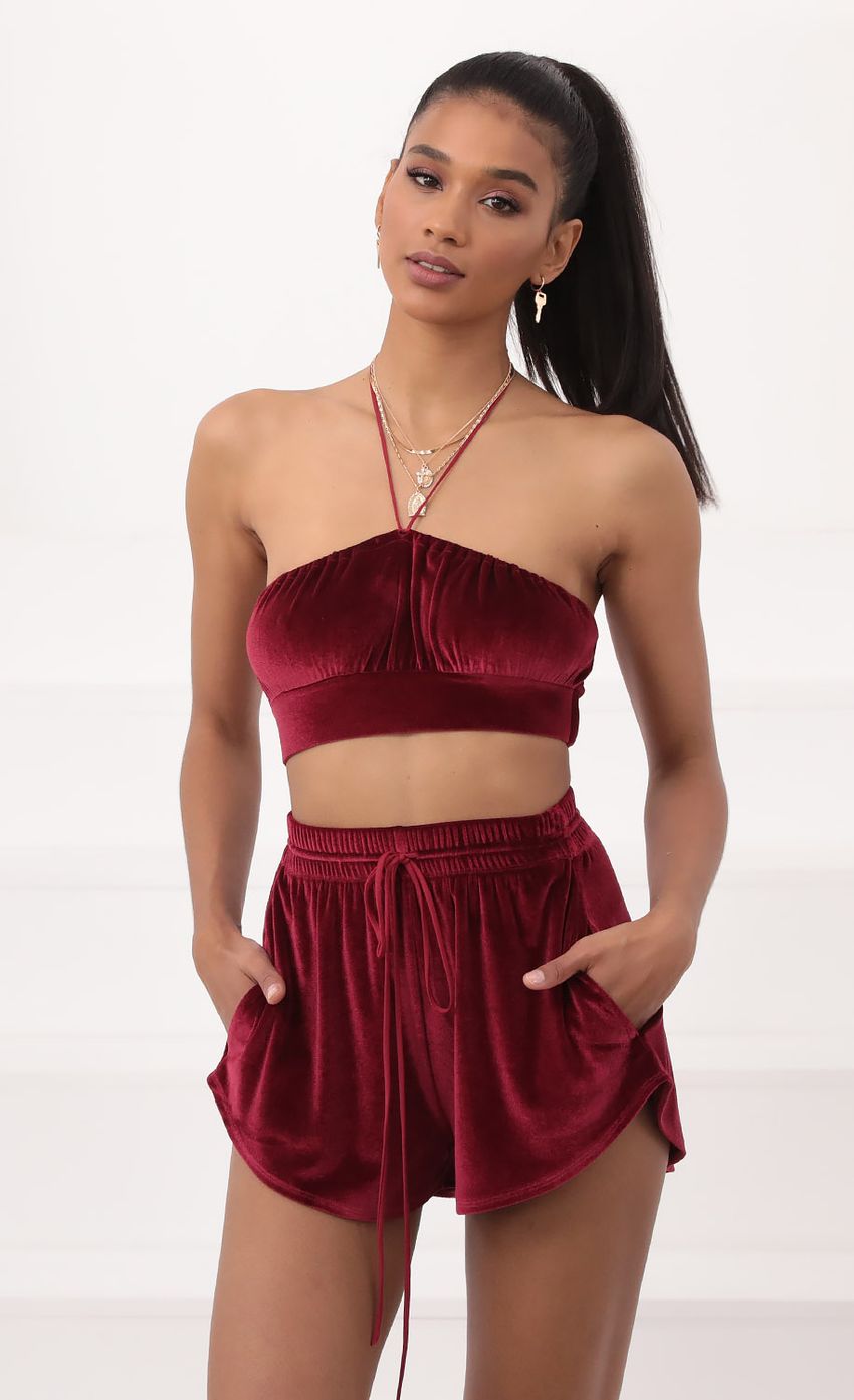 Picture Velvet Halter Two Piece Set in Burgundy. Source: https://media-img.lucyinthesky.com/data/Sep20_2/850xAUTO/781A9046.JPG