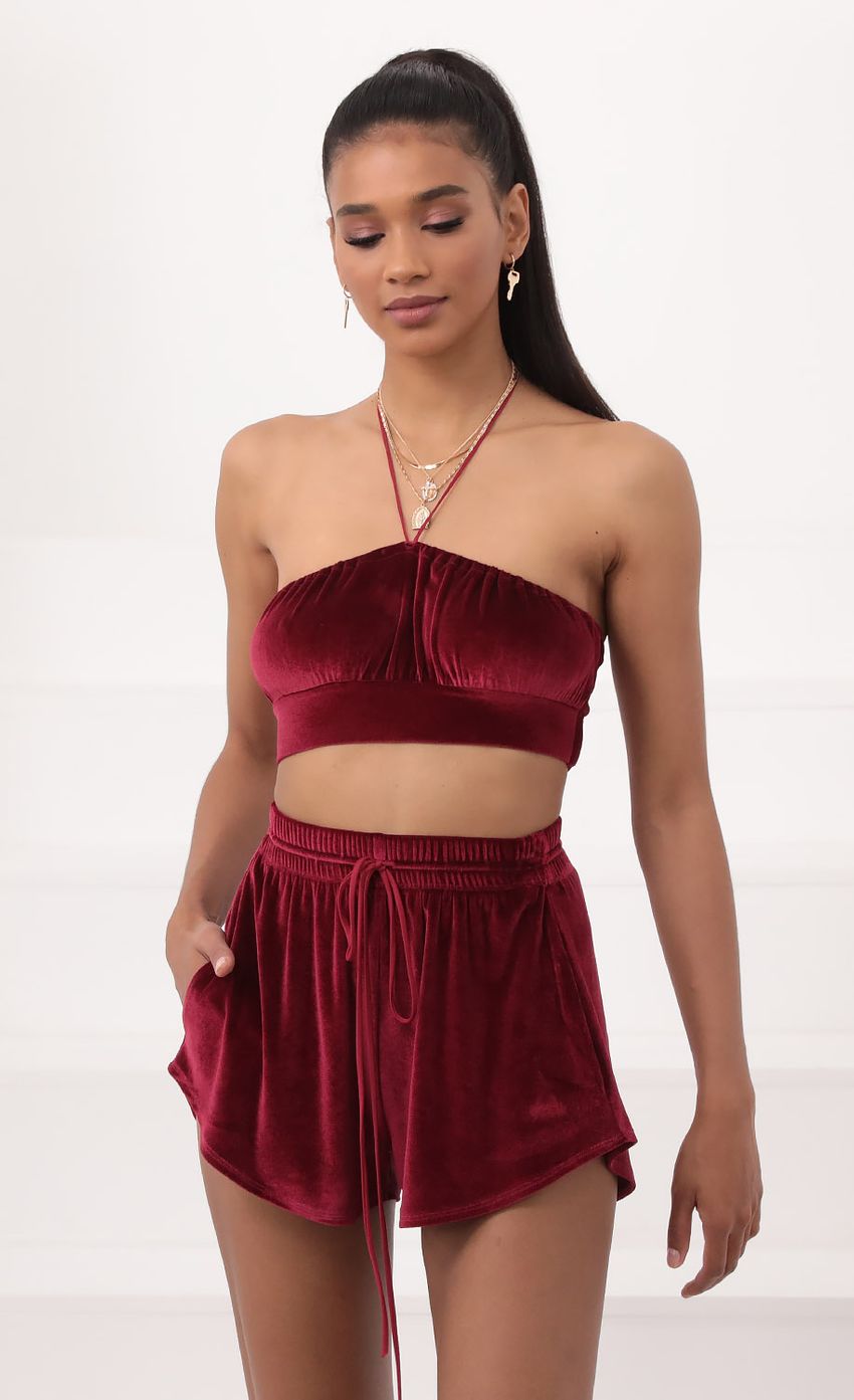 Picture Velvet Halter Two Piece Set in Burgundy. Source: https://media-img.lucyinthesky.com/data/Sep20_2/850xAUTO/781A90551.JPG