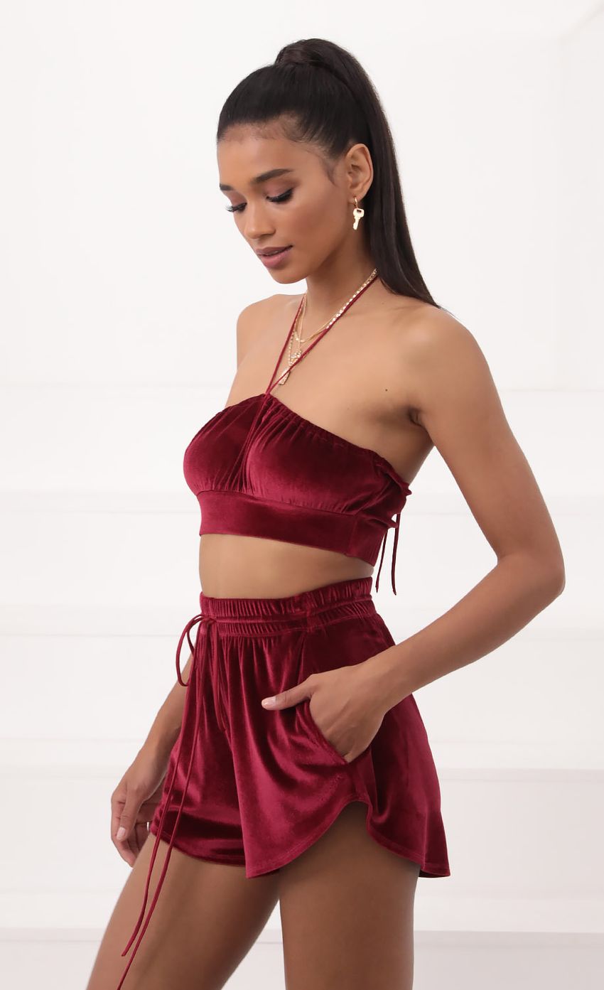 Picture Velvet Halter Two Piece Set in Burgundy. Source: https://media-img.lucyinthesky.com/data/Sep20_2/850xAUTO/781A9089.JPG