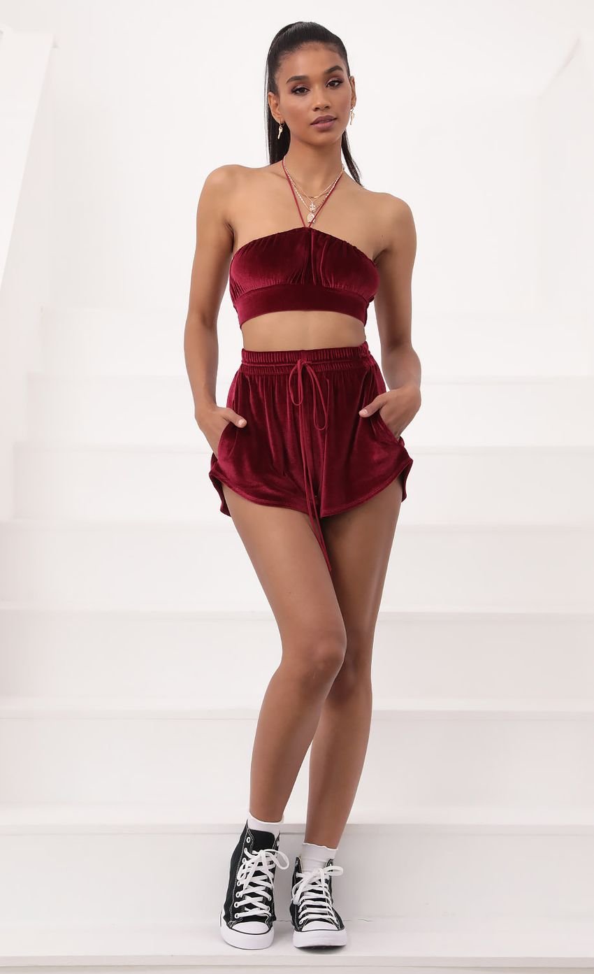 Picture Velvet Halter Two Piece Set in Burgundy. Source: https://media-img.lucyinthesky.com/data/Sep20_2/850xAUTO/781A9140.JPG