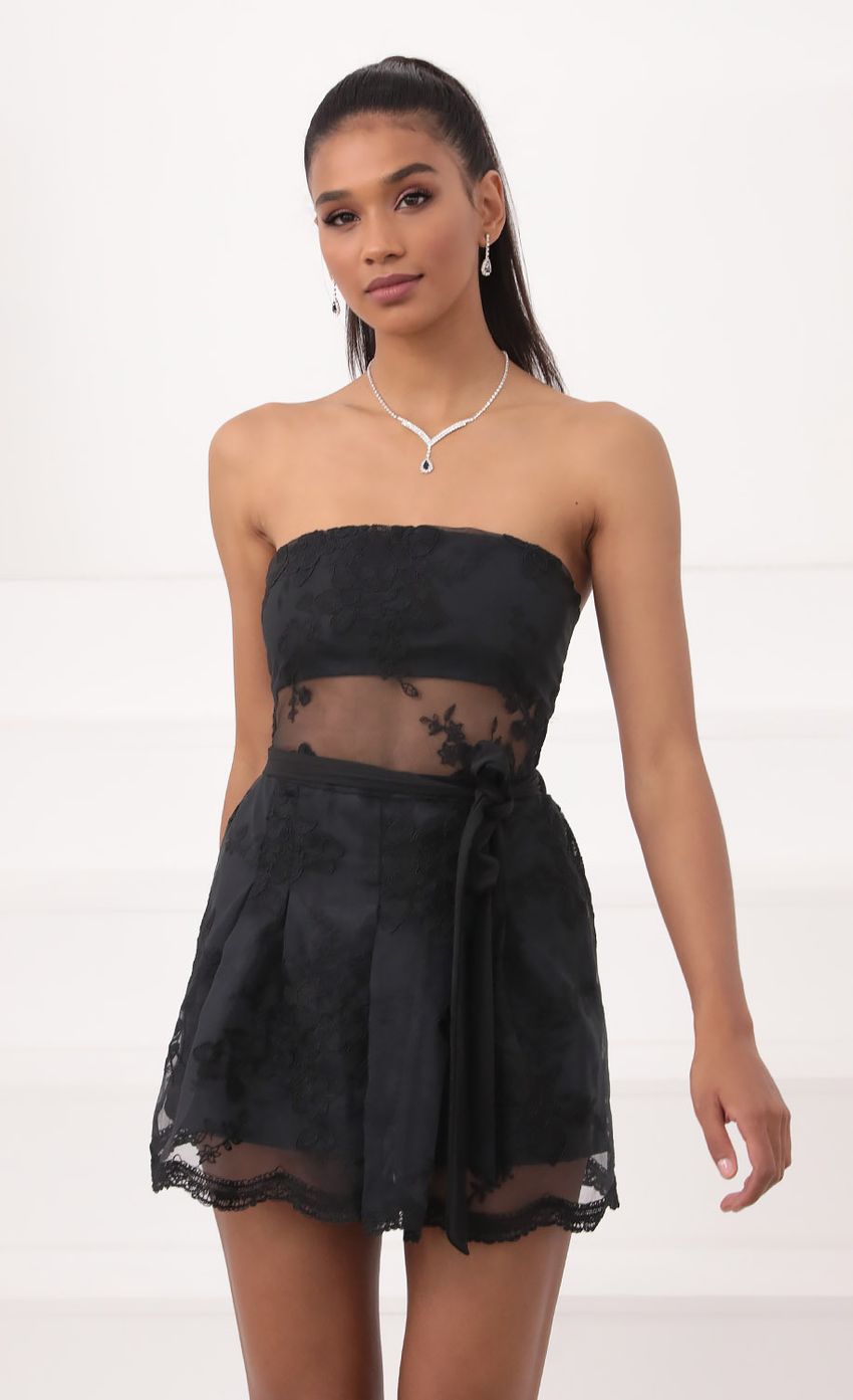 Picture Mikaela Floral Lace Romper in Black. Source: https://media-img.lucyinthesky.com/data/Sep20_2/850xAUTO/781A9707.JPG