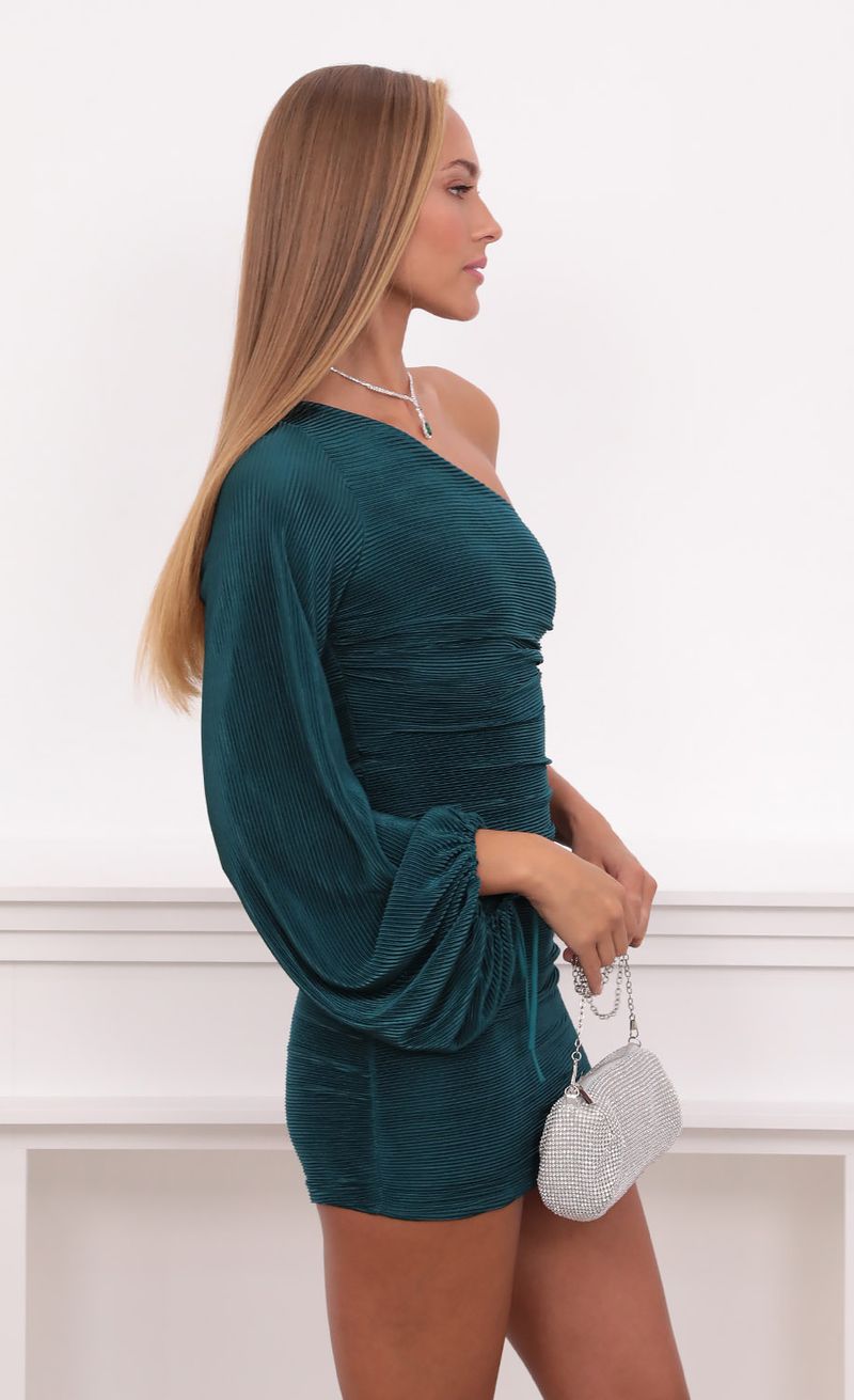 Ivy Pleated One Shoulder Dress in Hunter Green