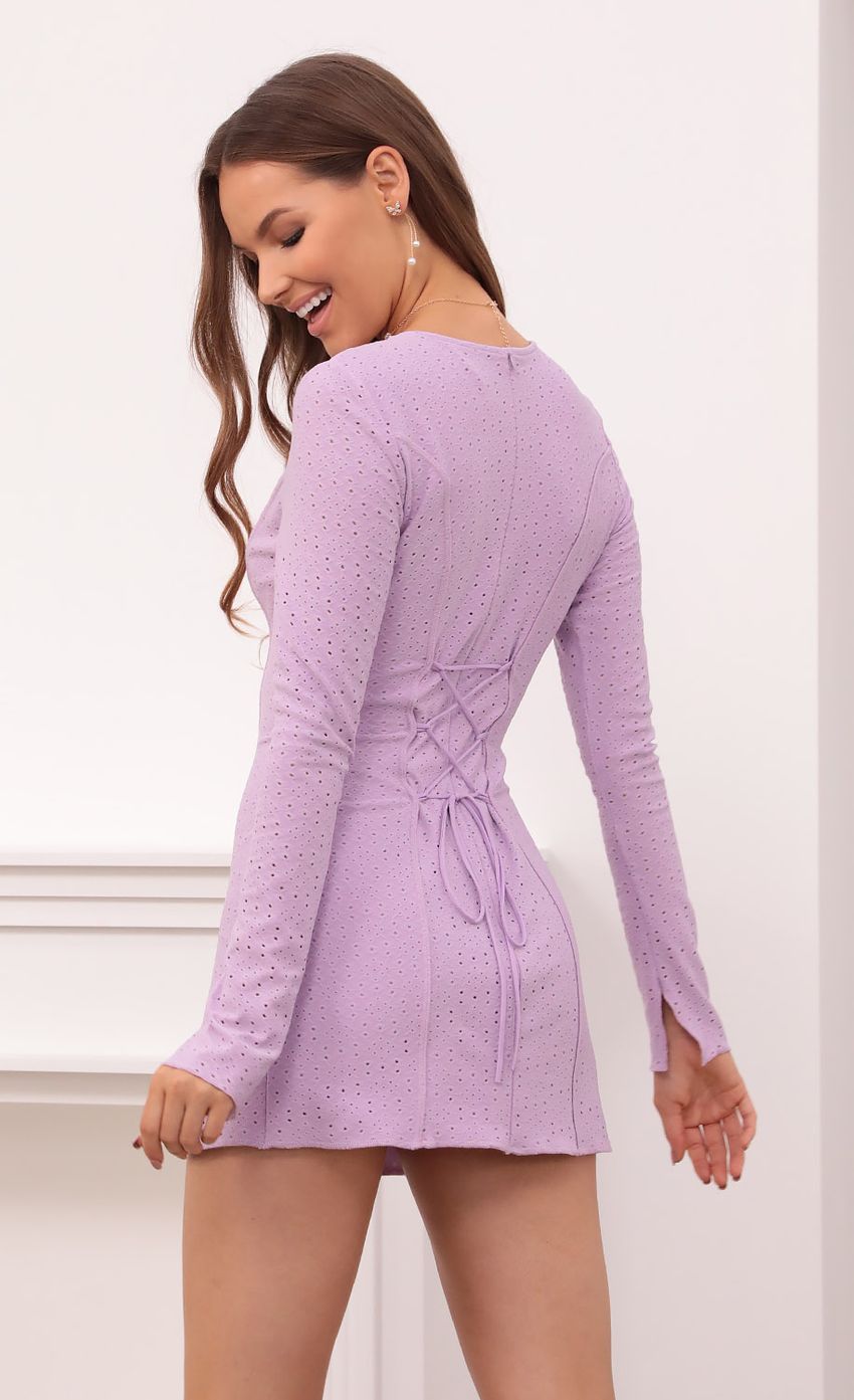 Picture Cinched Bodycon Dress in Lavender. Source: https://media-img.lucyinthesky.com/data/Sep21_1/850xAUTO/1V9A2502.JPG