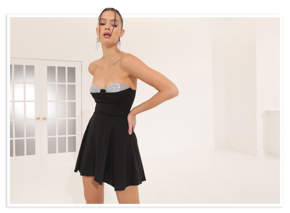 Sequin Crepe Corset Dress in Black