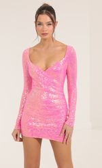 Picture Iridescent Sequin Long Sleeve Dress in LightPink. Source: https://media-img.lucyinthesky.com/data/Sep22/150xAUTO/44e488c0-ea68-4c52-b8eb-779fef933804.jpg