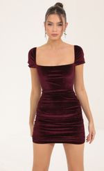 Picture Square Neck Velvet Ruched Bodycon Dress in Maroon. Source: https://media-img.lucyinthesky.com/data/Sep22/150xAUTO/926803b6-685f-4f28-9c9d-6af6b0a3d645.jpg
