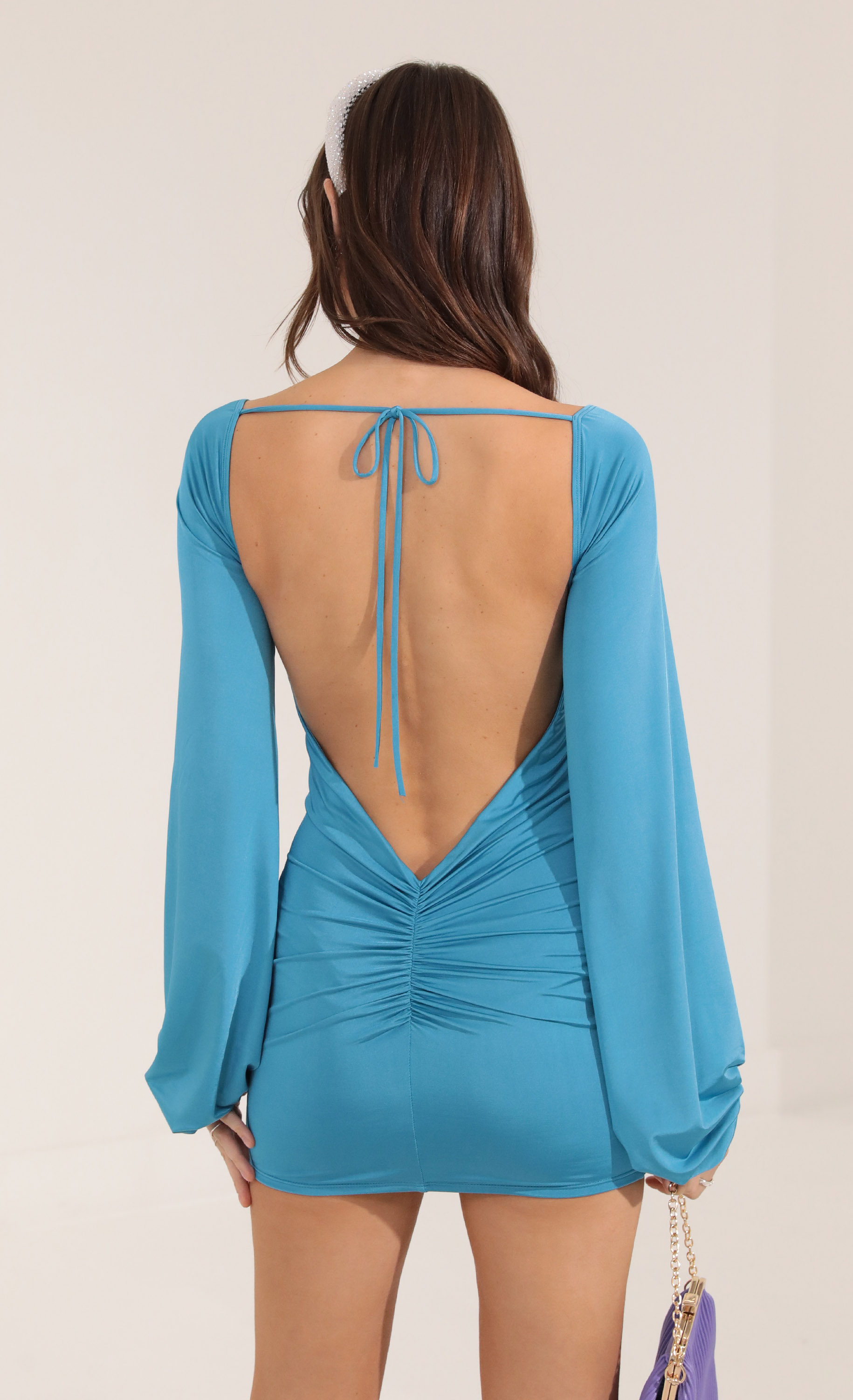Satin Open Back Long Sleeve Dress in Blue