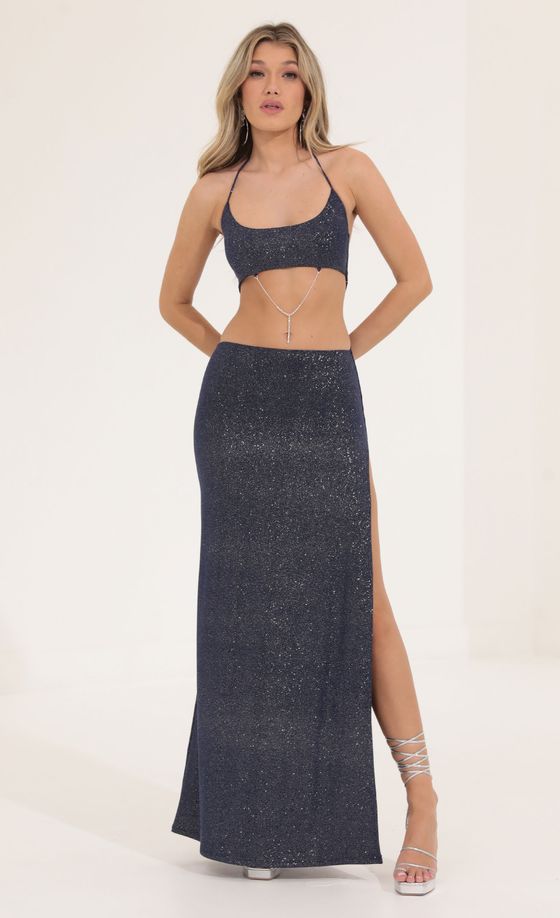 Glitter Tummy Cutout Maxi Dress in Navy