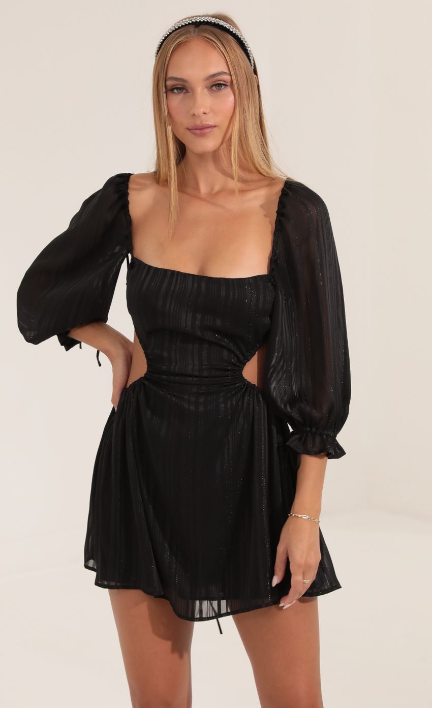 Picture Stripped Chiffon Open Back Dress in Black. Source: https://media-img.lucyinthesky.com/data/Sep22/850xAUTO/0fb32fc9-724d-45ce-910b-34320c999bc3.jpg