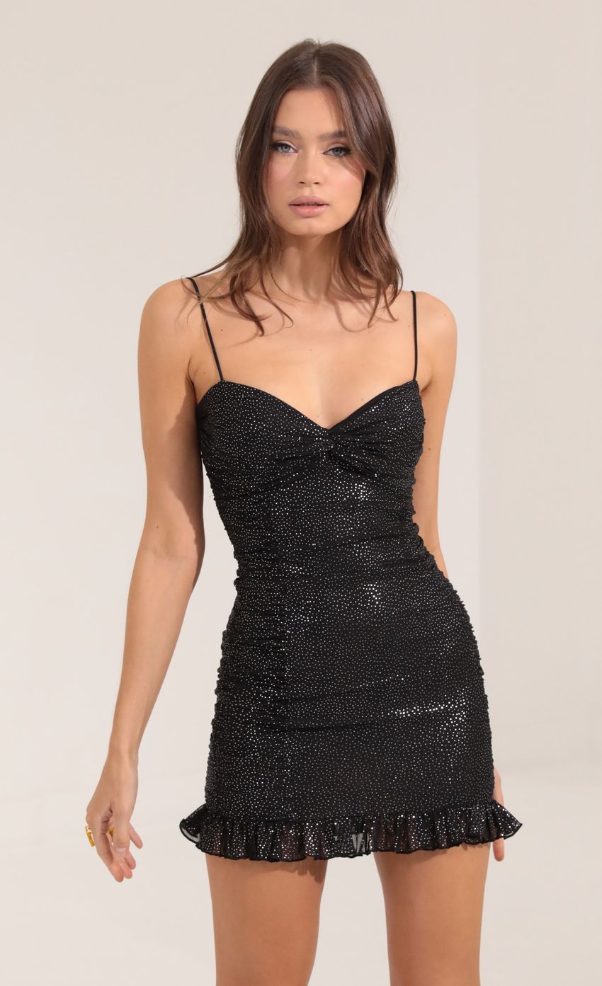 Picture Foil Mesh Ruched Dress in Black. Source: https://media-img.lucyinthesky.com/data/Sep22/850xAUTO/0fbd0ac1-4cfd-4b46-8016-7640f9467fd4.jpg
