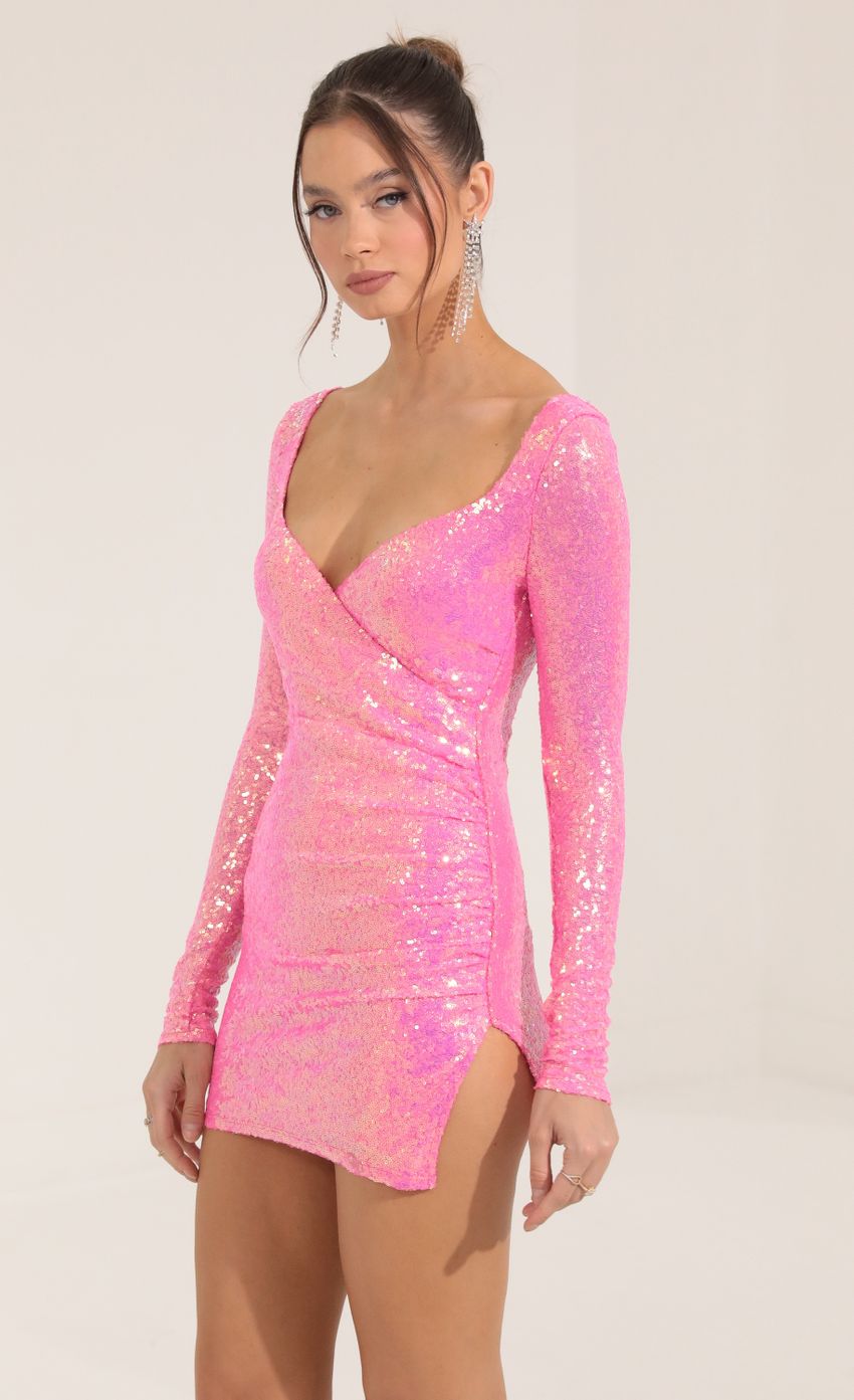 Picture Iridescent Sequin Long Sleeve Dress in Pink. Source: https://media-img.lucyinthesky.com/data/Sep22/850xAUTO/1d4490a2-6af7-490f-9177-dc4f022c509d.jpg