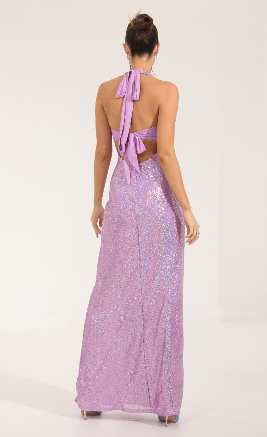 Picture Darcia Sequin Halter Maxi Dress in Purple. Source: https://media-img.lucyinthesky.com/data/Sep22/850xAUTO/23331dcf-fc51-42c9-8a0e-6e8686c381e1.jpg