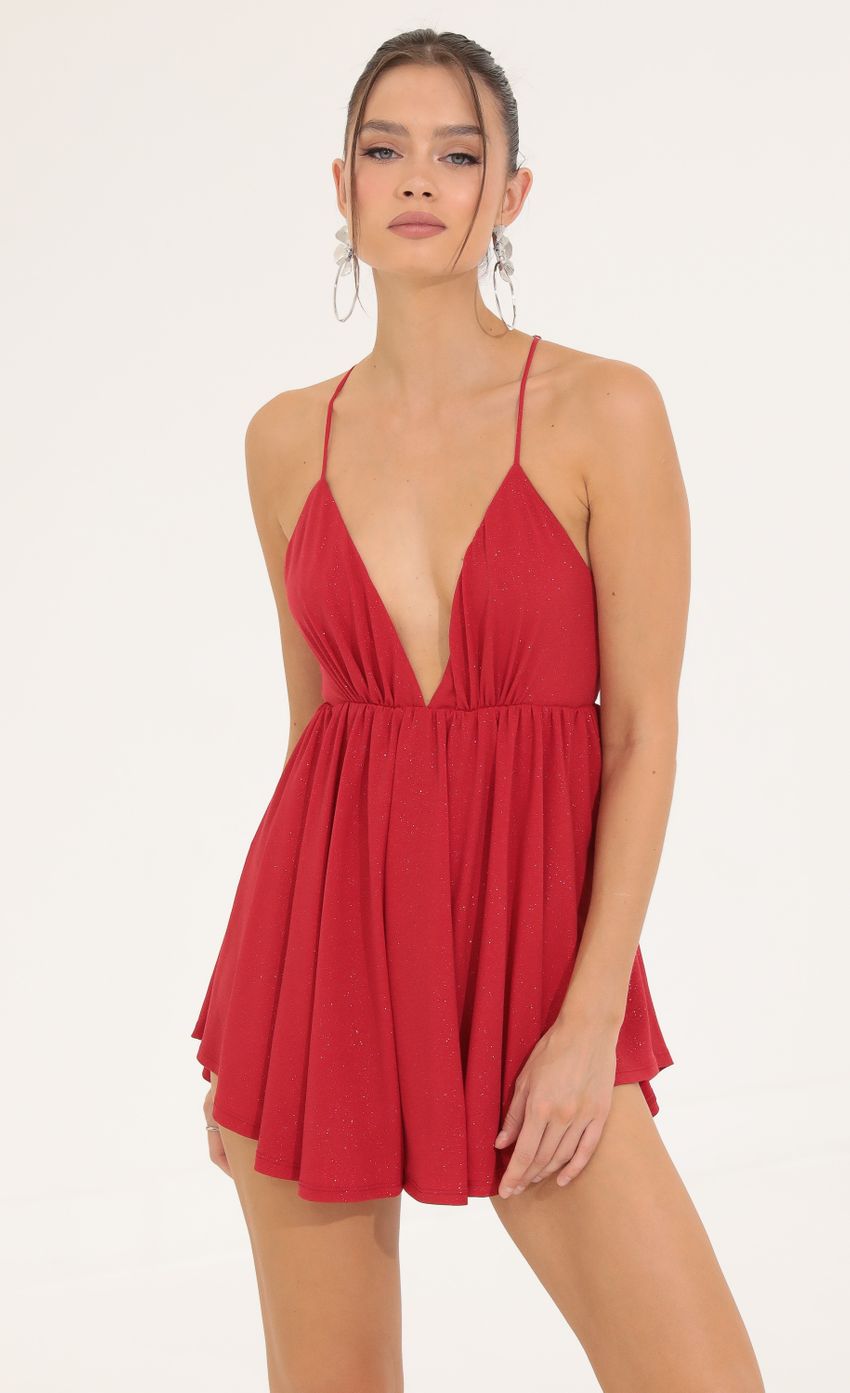 Picture Glitter Pleated Romper in Red. Source: https://media-img.lucyinthesky.com/data/Sep22/850xAUTO/3e15ee2b-9100-42cc-ab61-d67c932b3b7b.jpg