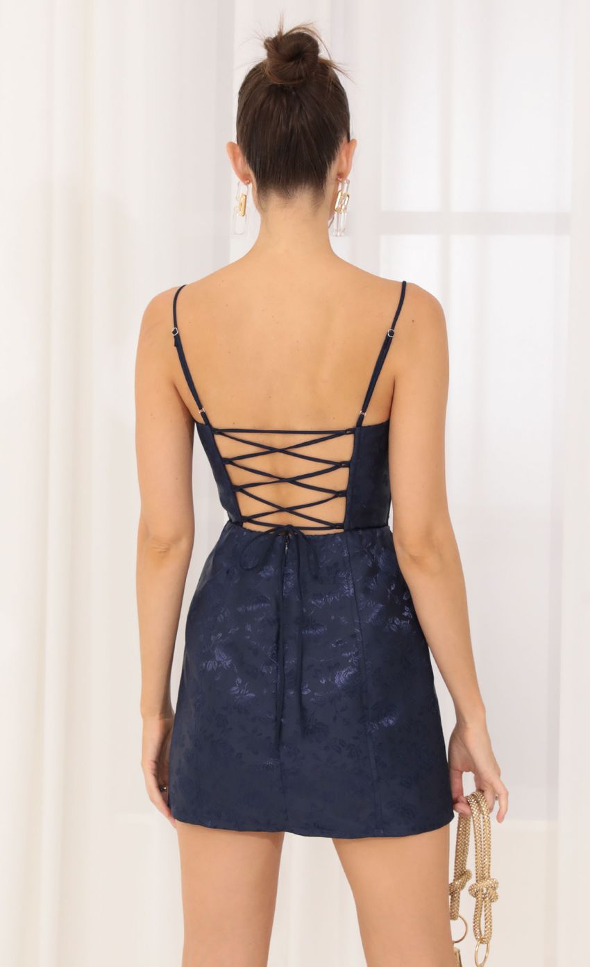 Picture Floral Jacquard Corset Dress in Navy. Source: https://media-img.lucyinthesky.com/data/Sep22/850xAUTO/42129c0e-4c81-45e4-8600-23c4a1d1708c.jpg