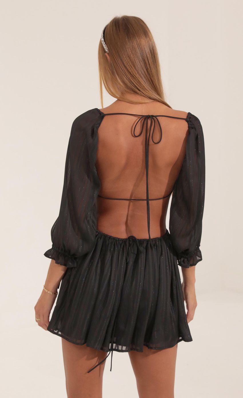 Picture Stripped Chiffon Open Back Dress in Black. Source: https://media-img.lucyinthesky.com/data/Sep22/850xAUTO/4b57fc68-8b5d-4d41-b2d7-b3a5077b6667.jpg