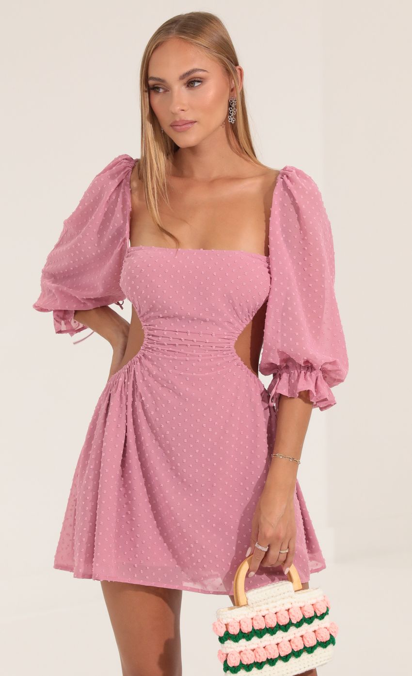 Picture Dotted Chiffon Open Back Dress in Pink. Source: https://media-img.lucyinthesky.com/data/Sep22/850xAUTO/68c259f6-1480-4ff2-9bc9-a74f994458d9.jpg