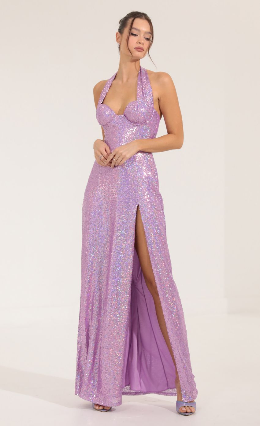 Picture Darcia Sequin Halter Maxi Dress in Purple. Source: https://media-img.lucyinthesky.com/data/Sep22/850xAUTO/7592f877-8431-4cab-8cda-d42a9ce7efa9.jpg