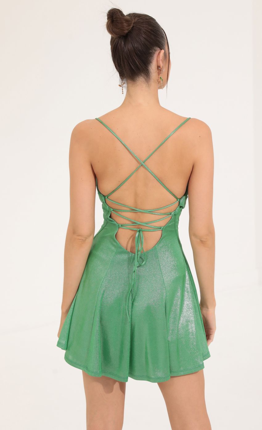Picture Metallic A-Line Dress in Green. Source: https://media-img.lucyinthesky.com/data/Sep22/850xAUTO/78b62461-8cab-4b9f-9022-fdf7a5fc3a99.jpg