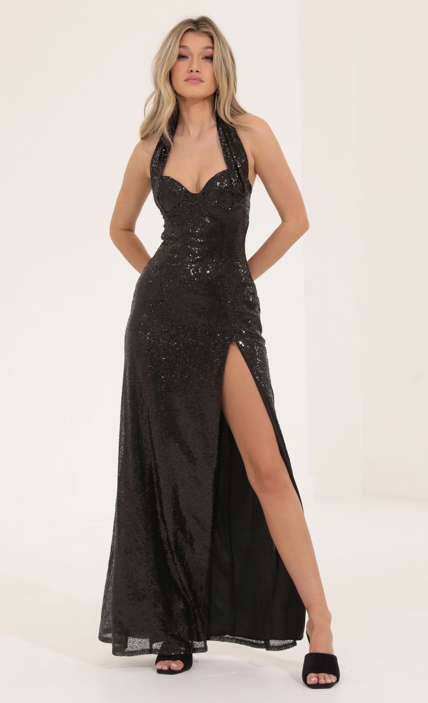 Picture Darcia Sequin Halter Maxi Dress in Black. Source: https://media-img.lucyinthesky.com/data/Sep22/850xAUTO/7b1431f3-756a-424c-9dbb-951932db185c.jpg