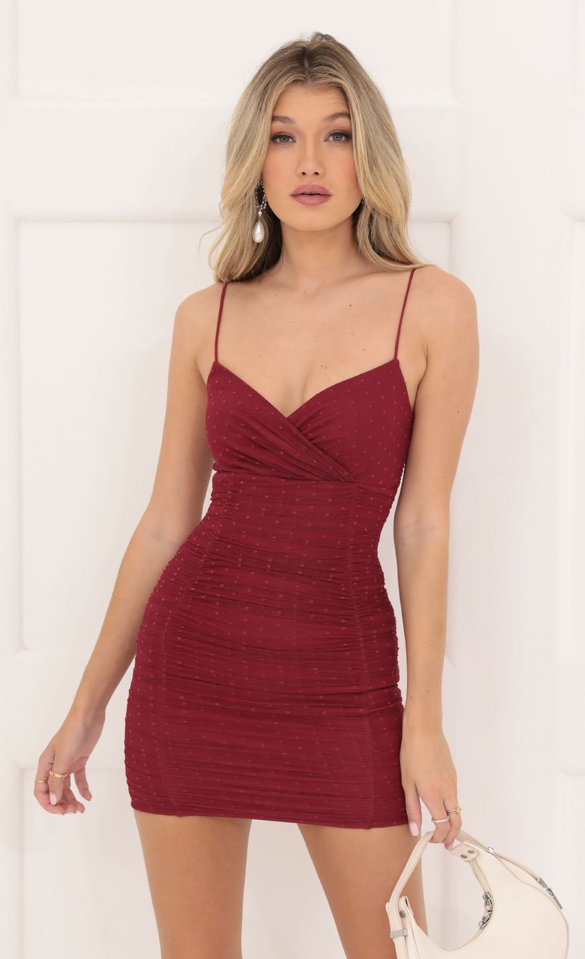 Picture Dotted Mesh Bodycon Dress in Red. Source: https://media-img.lucyinthesky.com/data/Sep22/850xAUTO/7bdb97eb-8765-4d4e-9fb5-fb4f4d6a6191.jpg