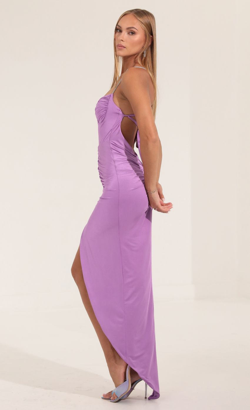 Picture Ruched Open Back Maxi Dress in Purple. Source: https://media-img.lucyinthesky.com/data/Sep22/850xAUTO/7d6e2f13-c27c-4865-8cf3-de3066c569c0.jpg