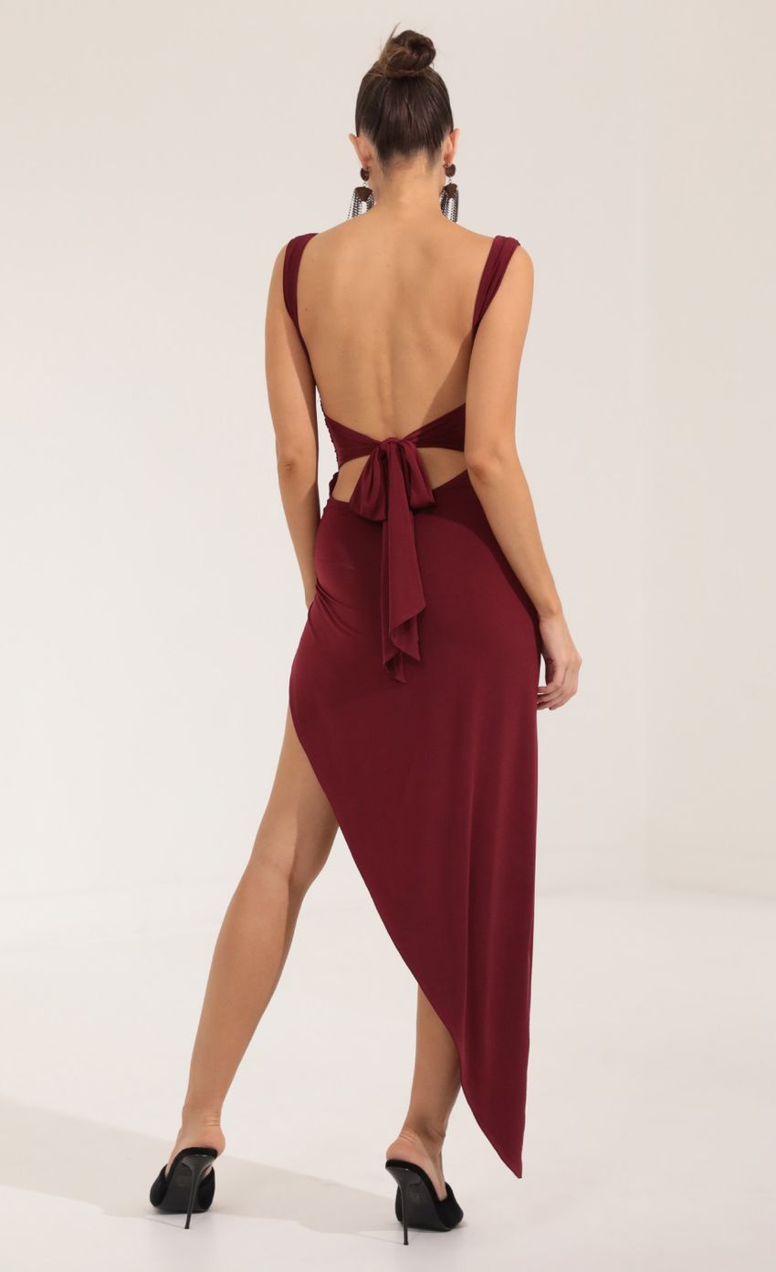 Picture Ruched Side Slit Maxi Dress in Red. Source: https://media-img.lucyinthesky.com/data/Sep22/850xAUTO/7d7caea9-66c2-4ff6-9cf1-a782a6a8478a.jpg