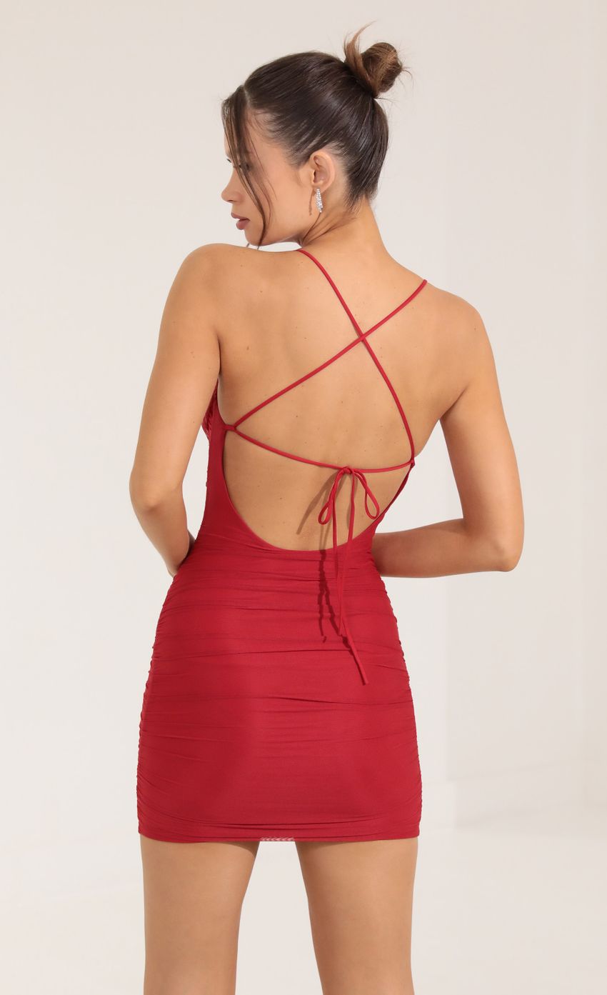 Picture Mesh Ruched Bodycon Dress in Red. Source: https://media-img.lucyinthesky.com/data/Sep22/850xAUTO/7eabe79f-3321-406d-97e9-383f2f2a1146.jpg