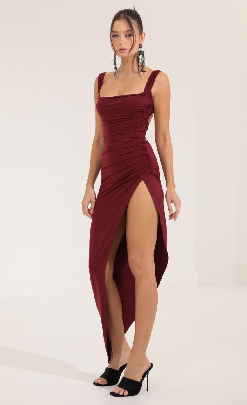 Picture Ruched Side Slit Maxi Dress in Red. Source: https://media-img.lucyinthesky.com/data/Sep22/850xAUTO/95fec60d-5318-4024-8509-b6f0fe7ce671.jpg