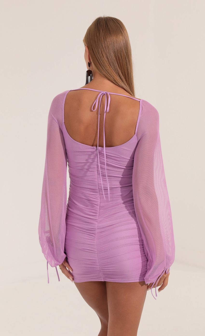 Picture Mesh Long Sleeve Ruched Dress in Purple. Source: https://media-img.lucyinthesky.com/data/Sep22/850xAUTO/a2dfa131-005e-4b07-ab3a-691954259580.jpg