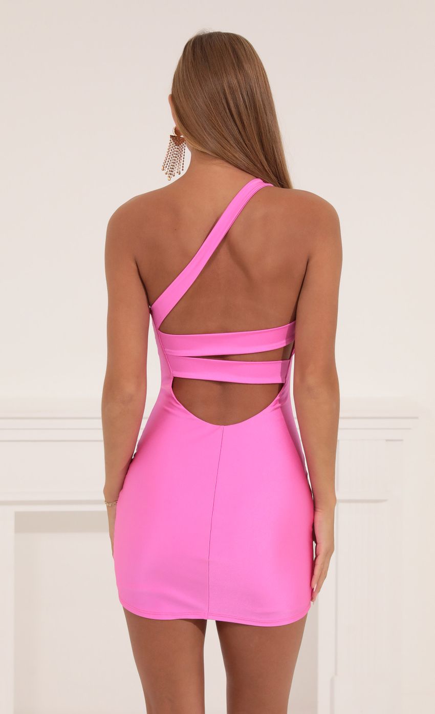 Picture One Shoulder Bodycon Dress in Hot Pink. Source: https://media-img.lucyinthesky.com/data/Sep22/850xAUTO/a80de52d-8f96-46aa-9bc5-01bf5606fdad.jpg